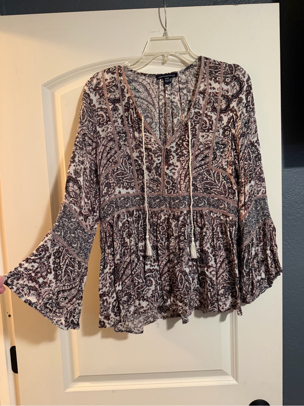 American Eagle Boho Paisley Peasant Blouse - Purple and Brown, Medium
